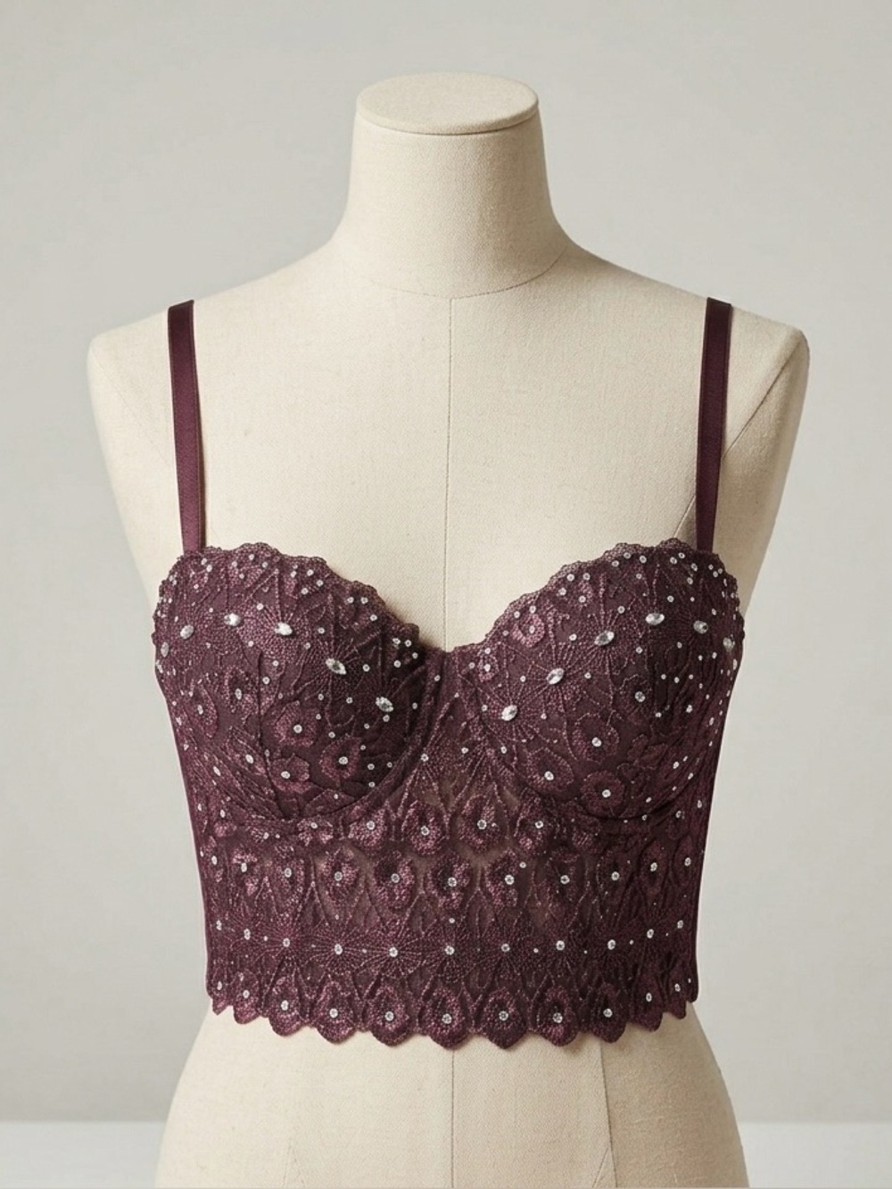 Windsor Burgundy Lace Rhinestone Bustier Corset Crop Top Size S Y2K